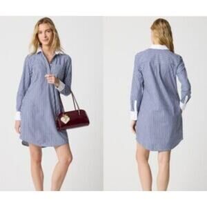 J. Crew Long Sleeve Collared Navy White Striped Shirtdress Size L NWT Old Money